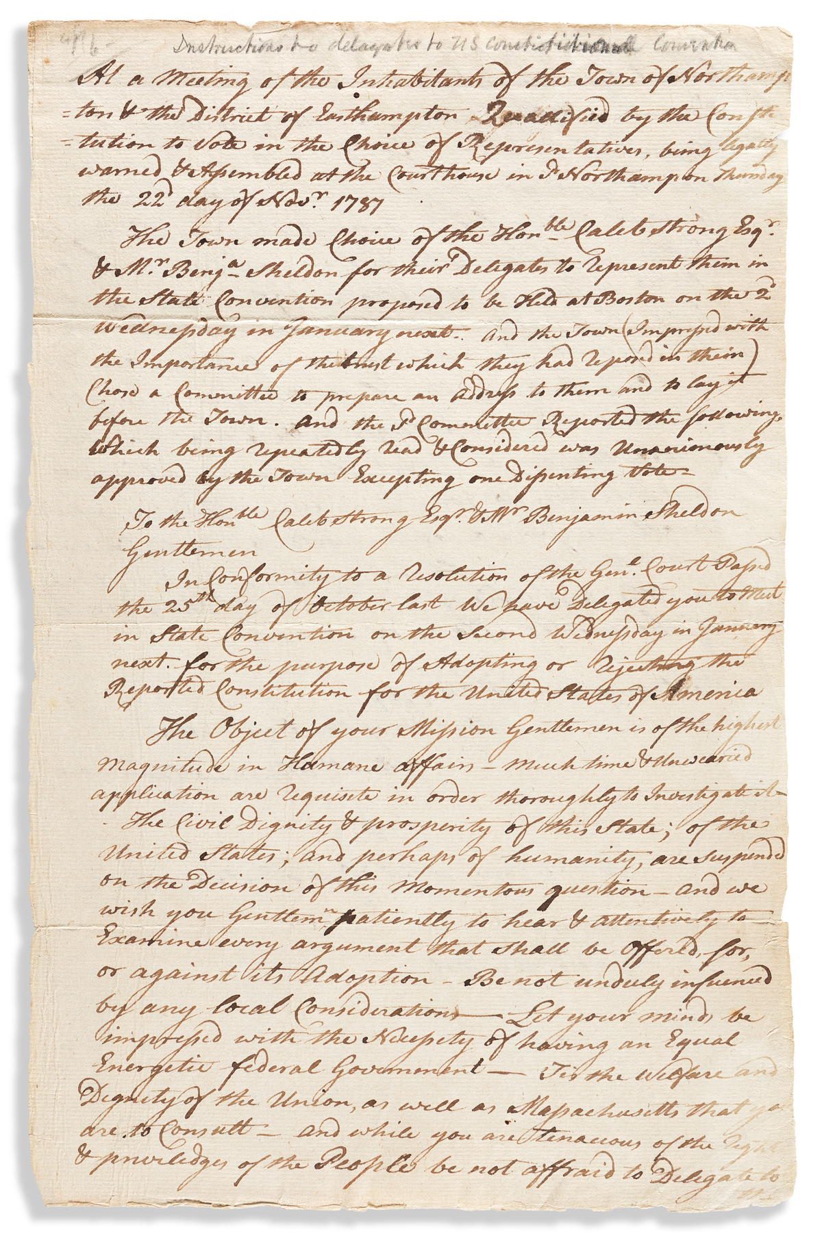 (CONSTITUTION.) Samuel Henshaw. Inspirational letter to two Massachusetts delegates to U.S. Constitutional Convention.